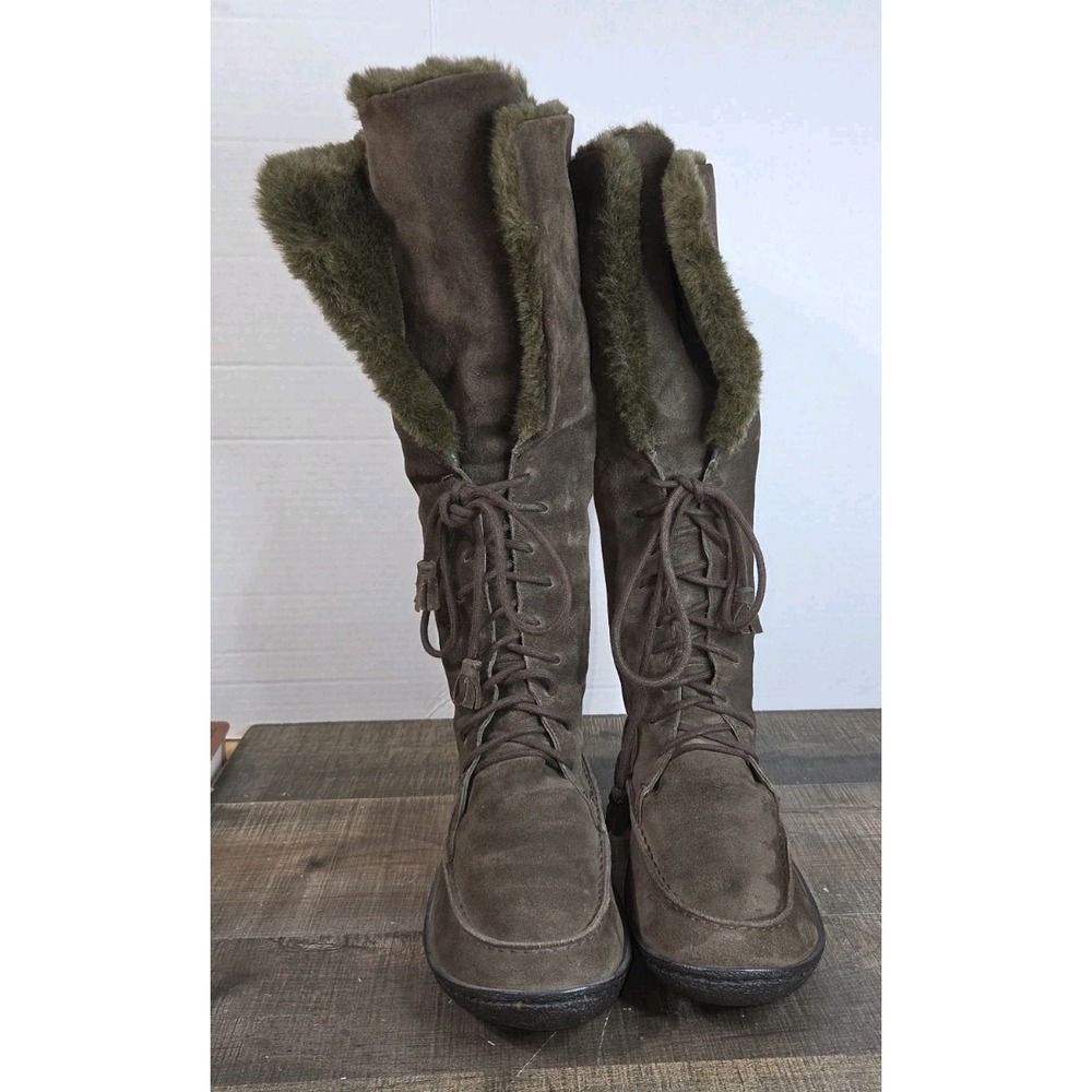 Camper Y2K Women's Brown Leather Green Faux Fur Lace Up Boots Size US 8.5 EU 39